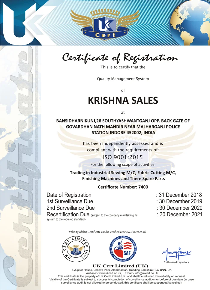 ISO 9001:2015 certificate — Krishna Sales