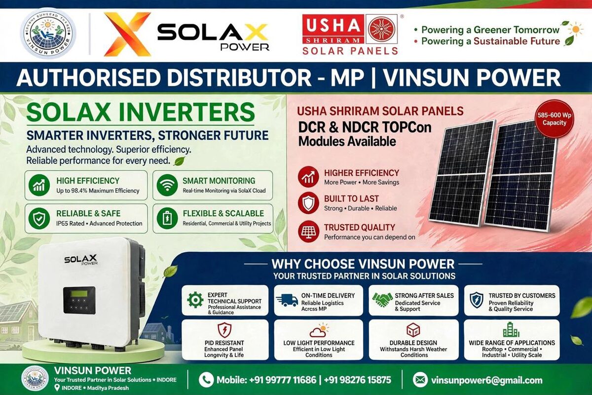 Usha Shriram solar panels and SolaX inverters — authorised distributor Vinsun Power